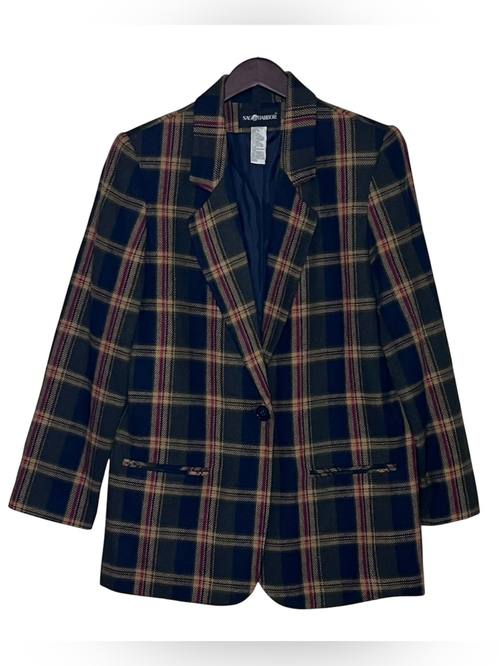 VTG Sag Harbor Wool Blend Blazer Jacket Plaid Tartan Size 12 Academia Corpcore
